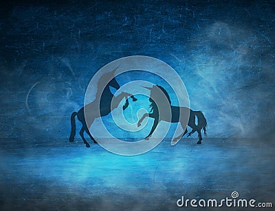 Unicorns are playing in the smoky night, horse, Shilhoulete, animals, unicorn Stock Photo